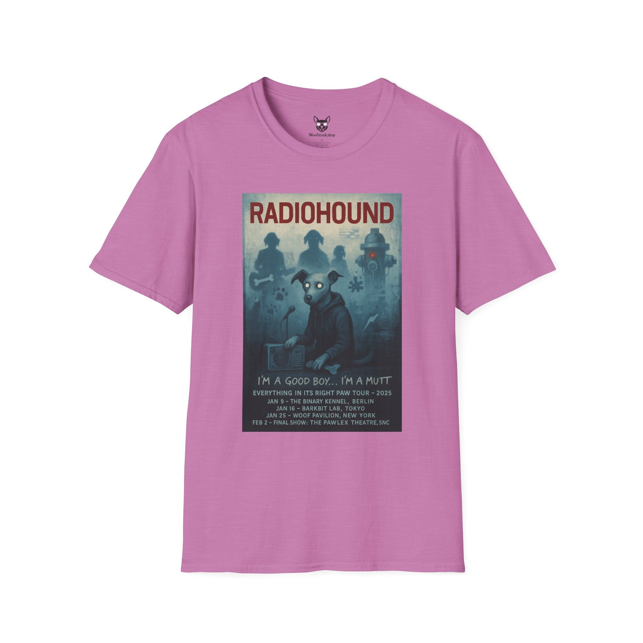 Radiohead Concert Poster Dog Parody Unisex Softstyle T-Shirt -- Funny Rock Tee for Music and Dog Lovers
